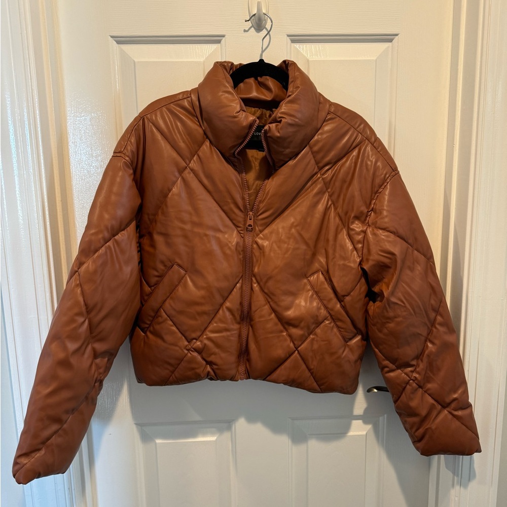 LOVE TREE Brown Faux Leather Cropped Puffer Jacket Size L
